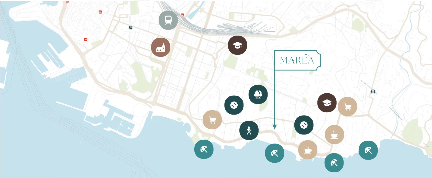 Mappa illustrata di Genova con la posizione di MARÉA in Corso Italia 30 e i servizi del quartiere